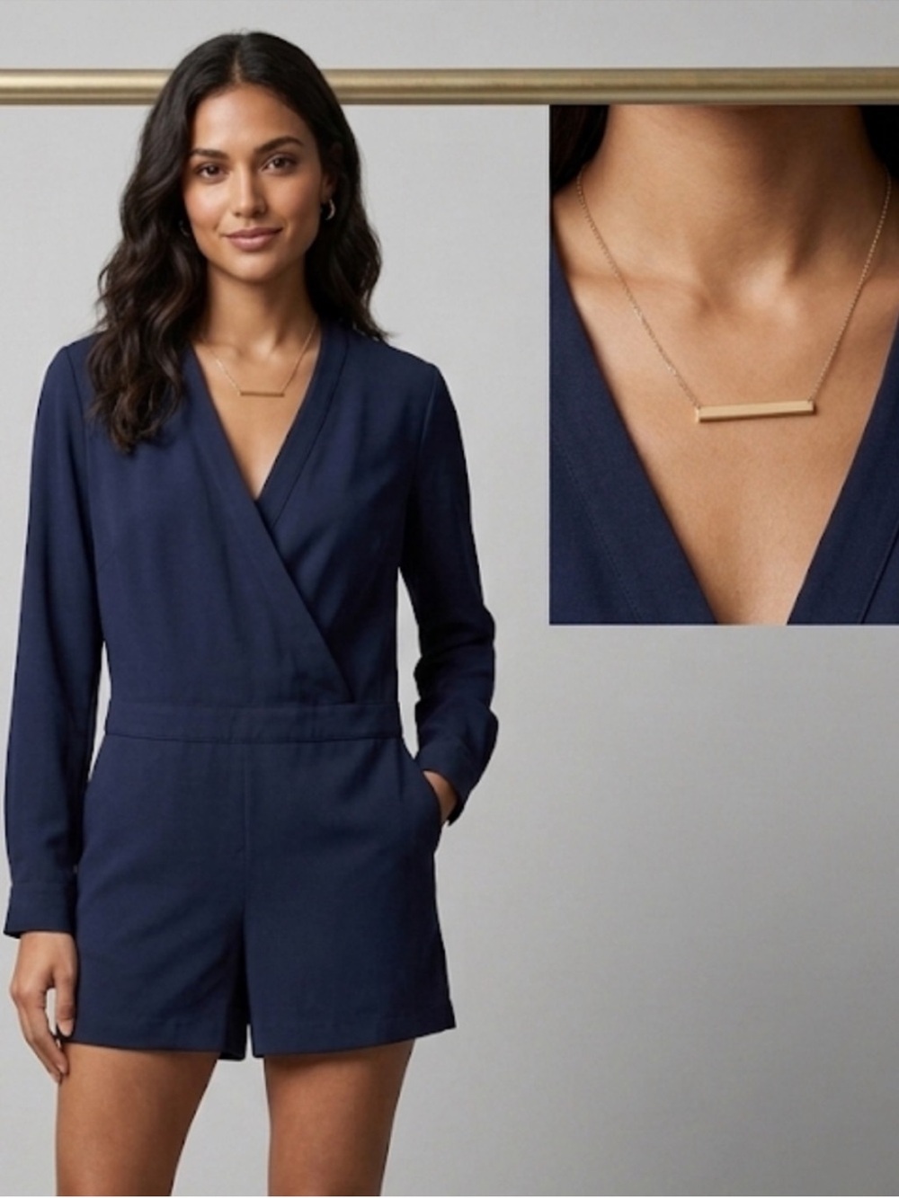 Ann Taylor Navy Long-Sleeve Wrap Romper